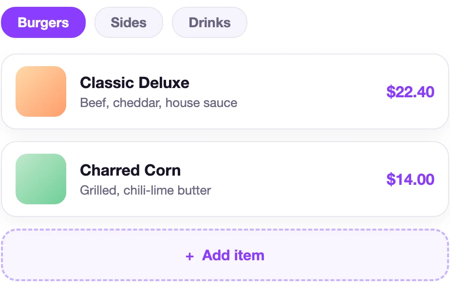Build your menu: categories, items and prices