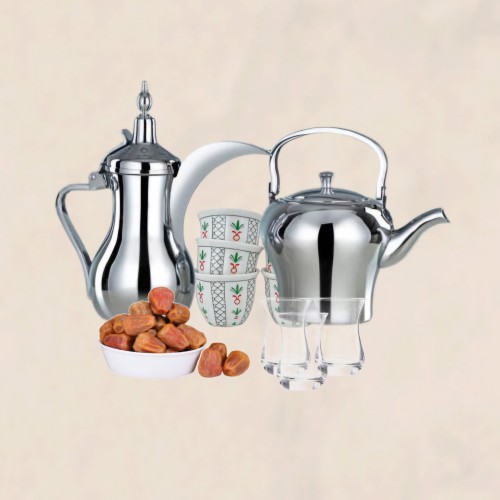 أبريق شاي + دلة قهوة عربيه + تمر + جلسه ارضيه