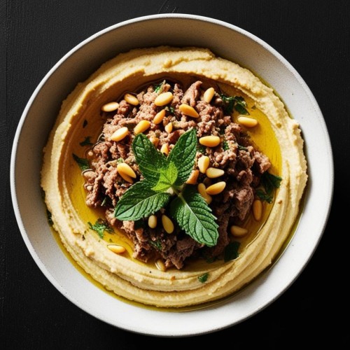 Hummus mit Hackfleisch und Pinienkernen